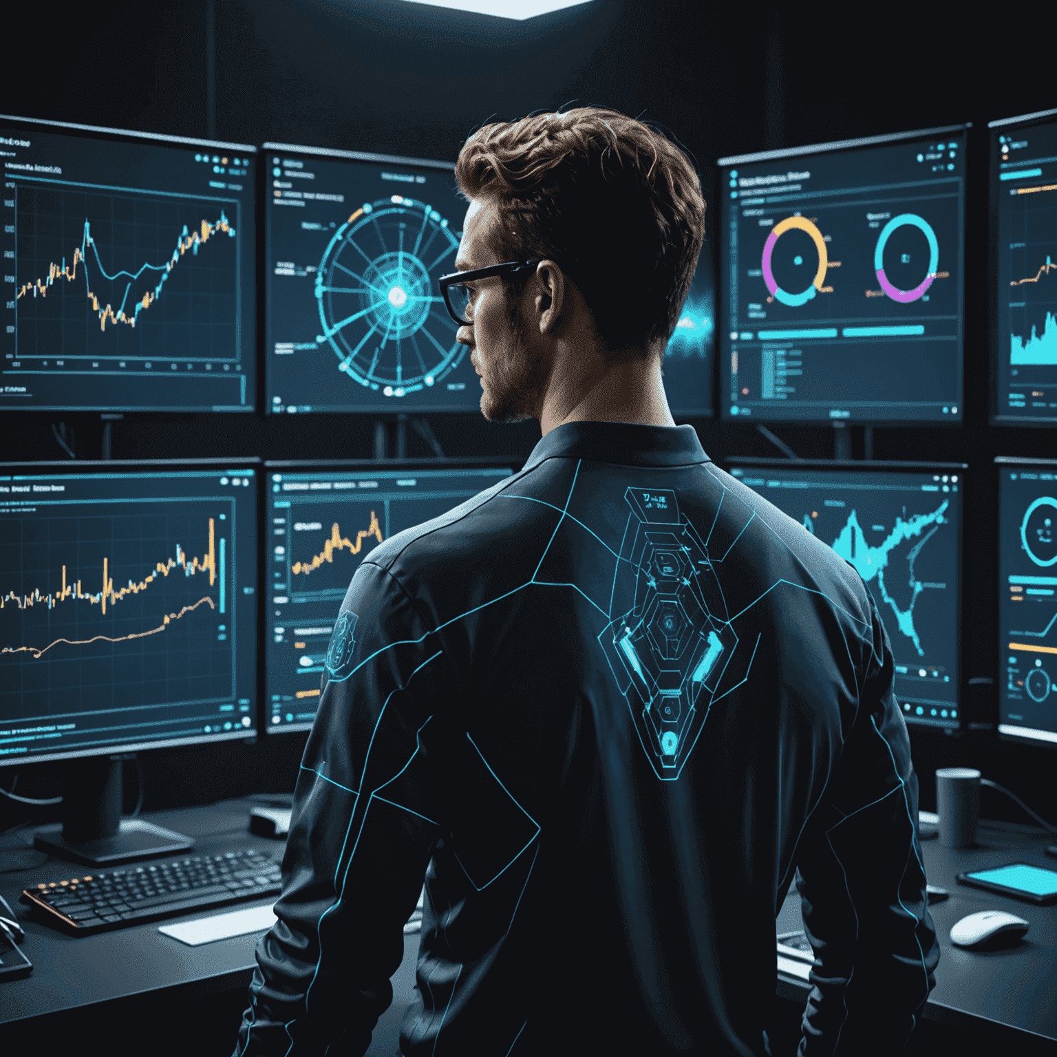 A visual representation of machine learning analyzing player data, with graphs, charts, and player avatars connected by glowing lines, illustrating the concept of player behavior analysis in mobile games.