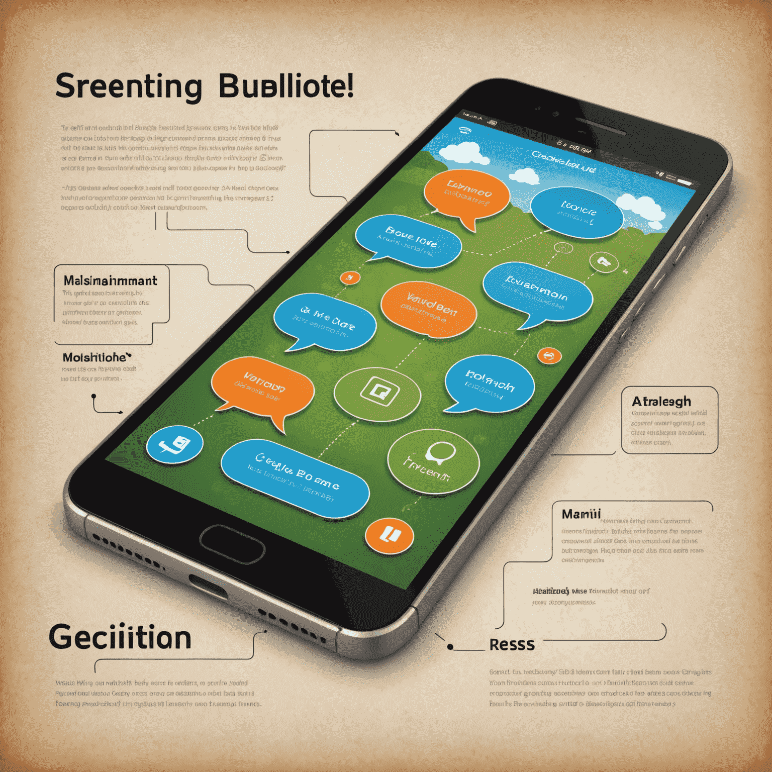 Conceptual image showing speech bubbles, text analysis, and voice recognition interfaces integrated into a mobile game screen