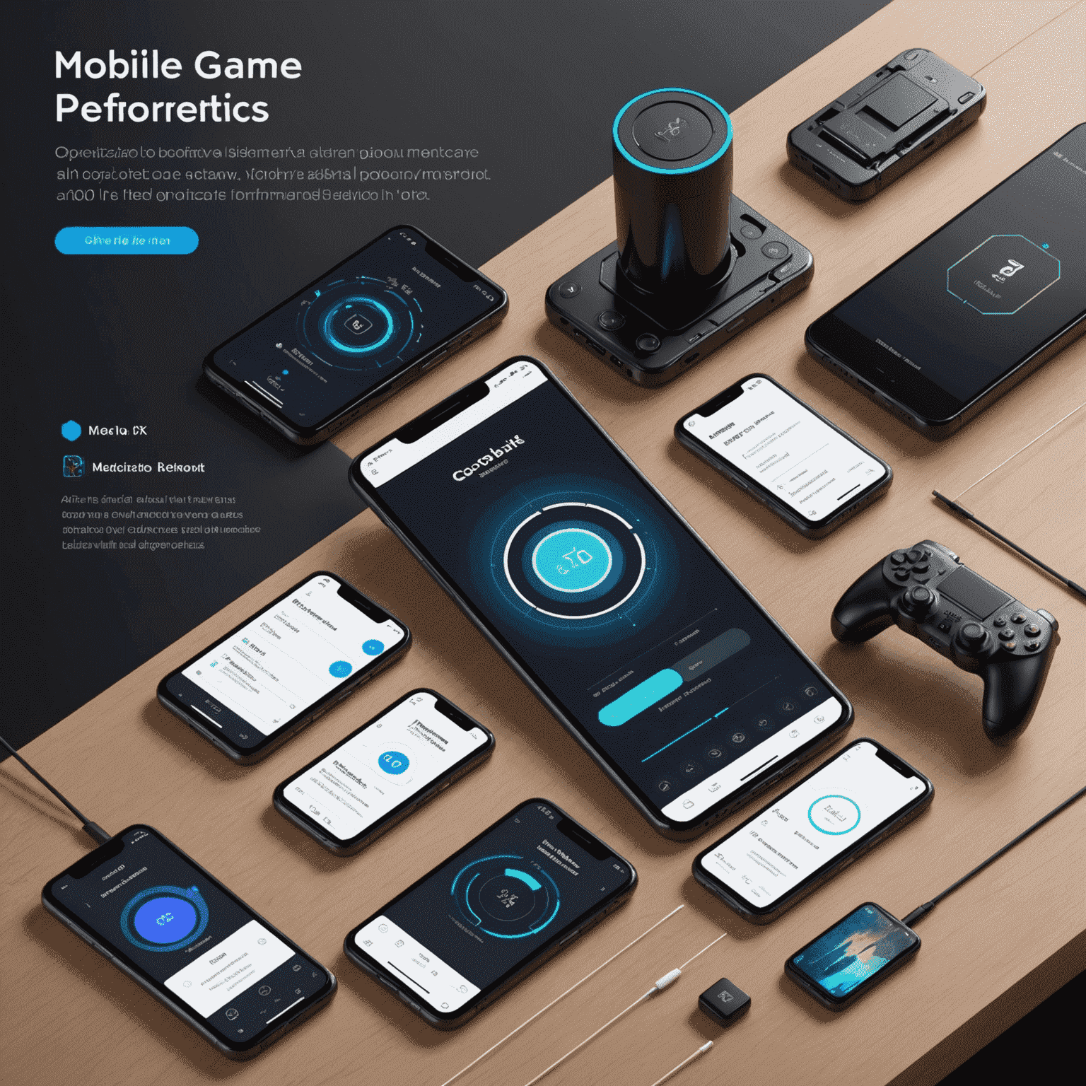 Diagram showing AI-optimized mobile game performance metrics, battery life improvements, and enhanced graphics on various mobile devices